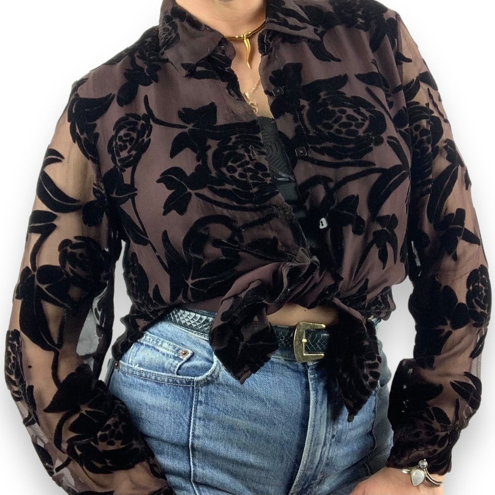 90's brown silk button down blouse with black velvet roses and sheer sleeves - Picture 2 of 16